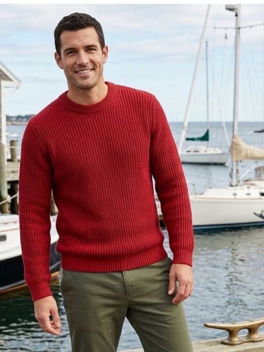 L.L. Bean Men's 100% Cotton Ribbed Crewneck Sweater Red - Size L 0409